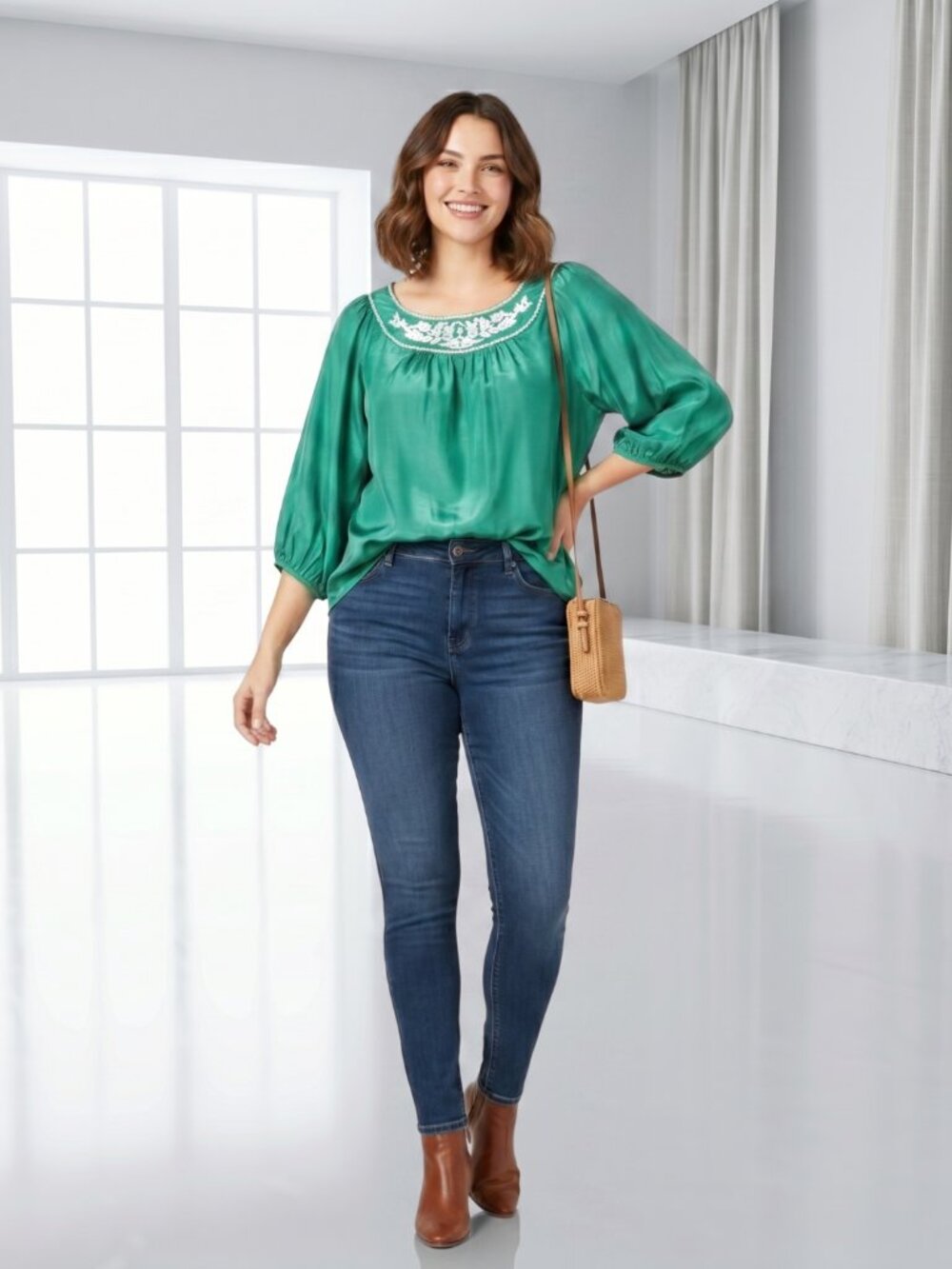 Lane Bryant Green Embroidered Peasant Blouse Balloon Sleeve Boho Plus Size 14/16